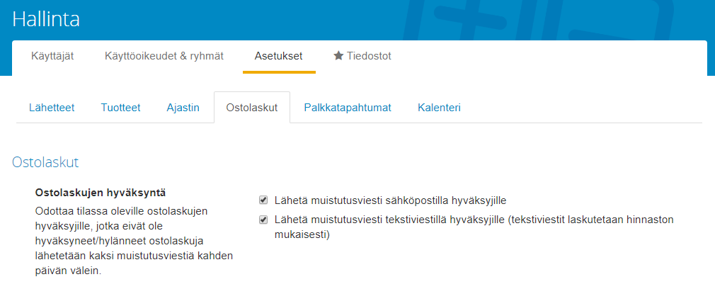 Ostolaskujen muistutusviestien aktivointi Ecom Webin asetuksissa